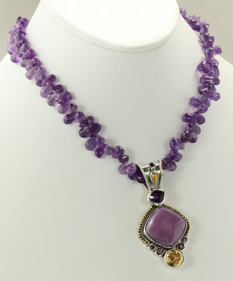 Amethyst, Phosphosiderite & Gold Drusy Necklace  