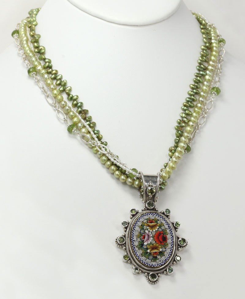Antique Green & White Micro-Mosaic Necklace