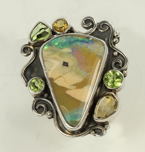 Boulder Opal Gemstone Cluster Ring