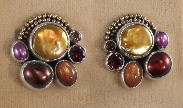 Jewel Tone Pearl Cluster Clip Earrings