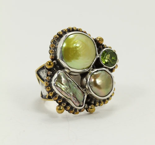 Green Pearl Cluster Ring