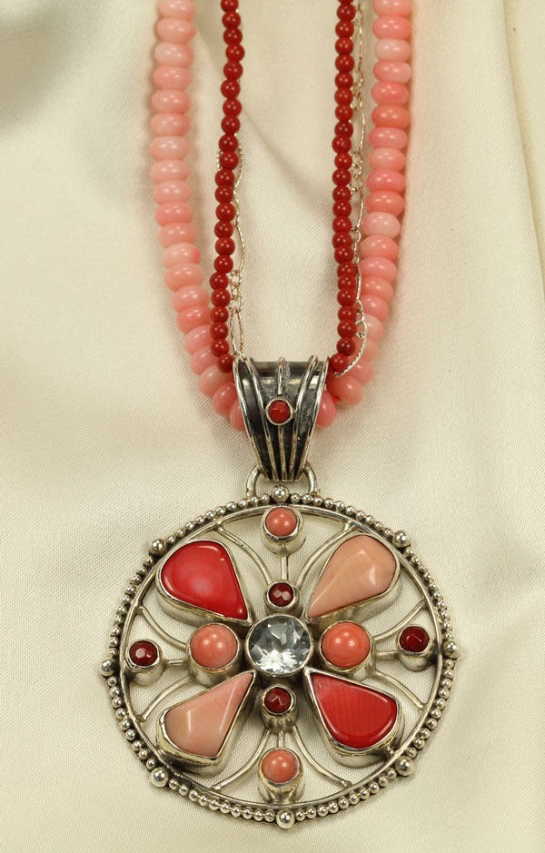 Pink & Red Coral Open Medallion Necklace