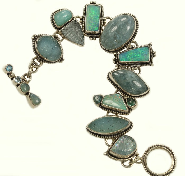 Echo of the Dreamer Opal,  Aquamarine, & Drusy Bracelet IN SUBSTANTIAL STERLING SILVER SETTING