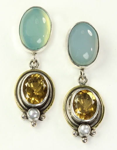 Echo of the Dreamer Blue Agate, Citrine, & Pearl Post Dangles