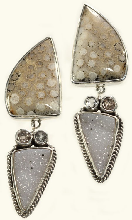 Echo of the Dreamer Fossil Shell & Light Gray Drusy Clips