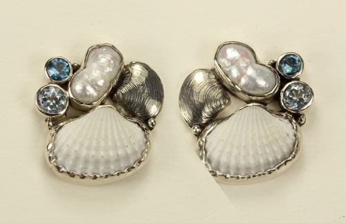 White Shell & Blue Topaz Cluster Clip Earrings