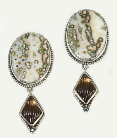 Echo of the Dreamer Ocean Jasper & Smoky Topaz Large Clip Dangle Earrings