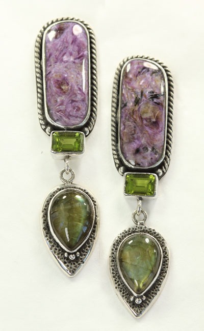 Echo of the Dreamer Sugilite, Peridot, & Spectrolite Clip Dangle Earrings