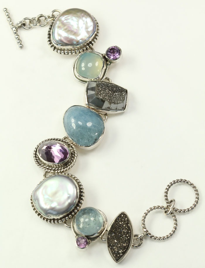 Echo of the Dreamer Aquamarine, Amethyst, & Silver Drusy Bracelet