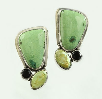 Echo of the Dreamer Green Turquoise, Green Pearl, & Onyx Clip Earrings