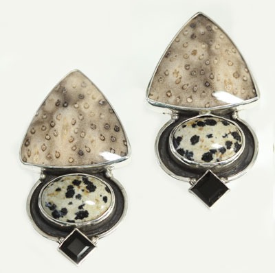 Fossil Palmwood & Leopard Jasper Large Clip Earrings