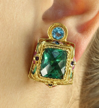 Green Quartz Clip Earrings with Blue Topaz
