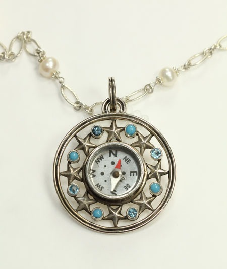 Mars & Valentine Vintage Compass Pendant with Turquoise & Blue Topaz