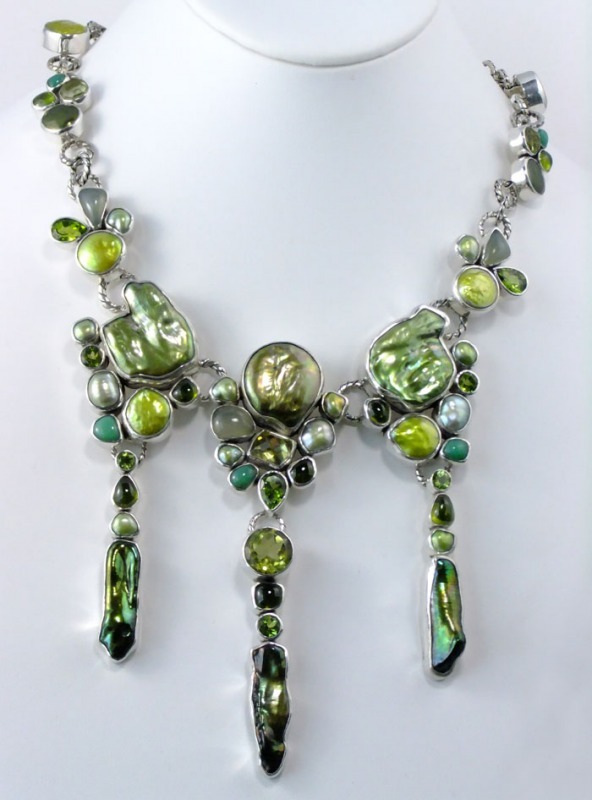 Cascading Green Pearl Gem Cluster Collar