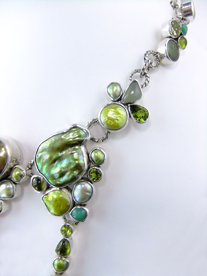 Cascading Green Pearl Gem Cluster Collar