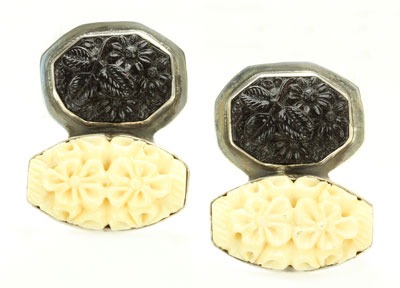 Amy Kahn Russell Carved Black Vintage Glass & Carved Bone Clip Earrings