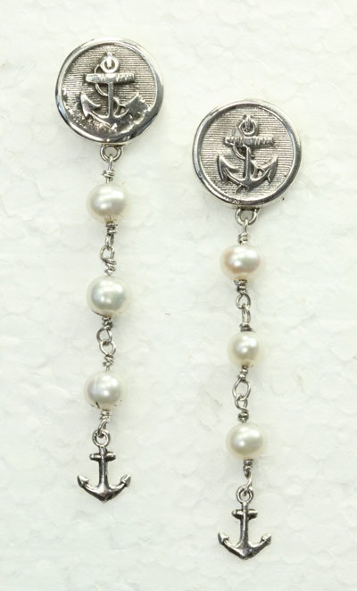 Mars & Valentine Pearl Post  Dangles with Navy Anchor