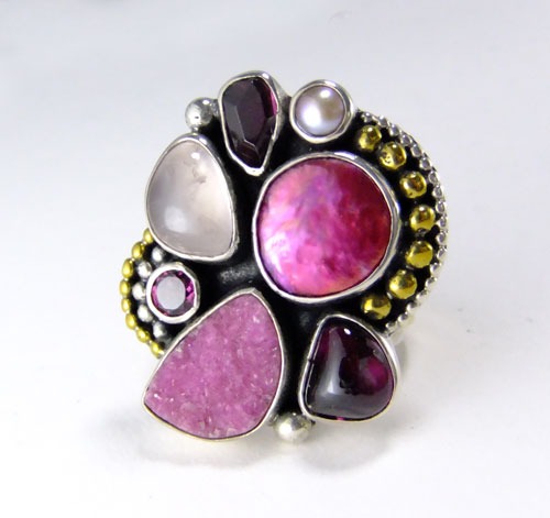 Pink Drusy Coin Pearl Cluster Ring--REGULAR PRICE $288.00