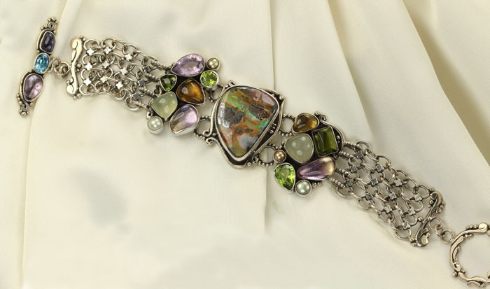 Sterling Silver Mesh Bracelet with Opal Centerpiece 