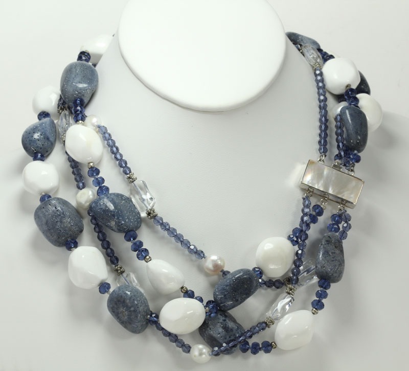 Blue Denim Coral & White Coral Necklace--MOTHER OF PEARL & STERLING SILVER CLASP--REGULAR PRICE $258.00
