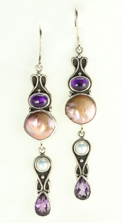 Echo of the Dreamer Amethyst & Pearl Wire Dangle Earrings
