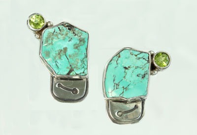 Echo of the Dreamer Asymmetrical Turquoise Clips with Large Peridot  