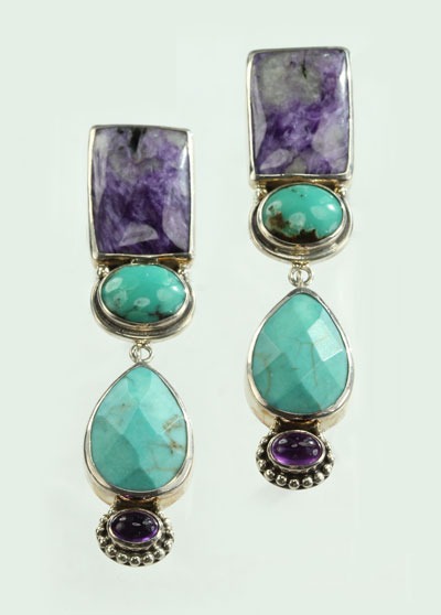 Echo of the Dreamer Sugilite, Double Turquoise, & Amethyst Clip Earrings  