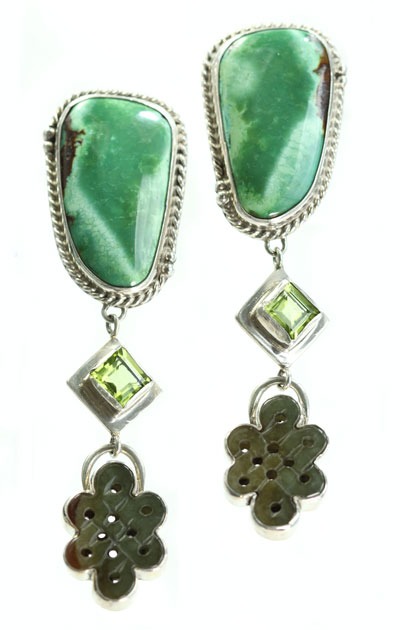Echo of the Dreamer Turquoise, Peridot, & Carved Jade Clip Earrings