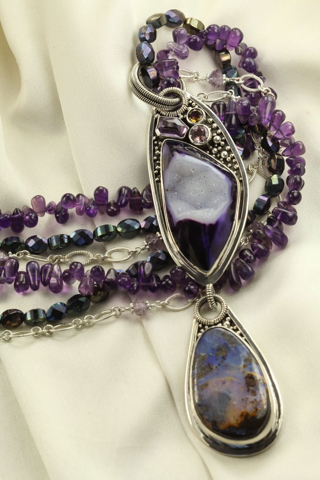 ECHO OF THE DREAMER Agate Drusy, Boulder Opal, & Amethyst Pendant Necklace--ORIGINALLY $725.00--NOW 25% OFF