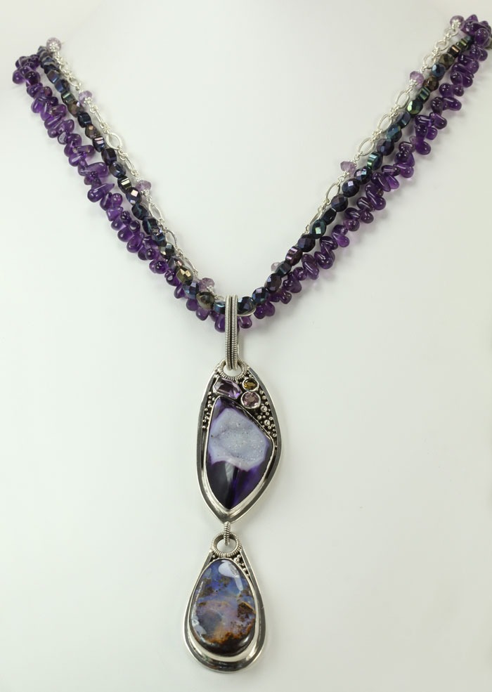 ECHO OF THE DREAMER Agate Drusy, Boulder Opal, & Amethyst Pendant Necklace--ORIGINALLY $725.00--NOW 25% OFF