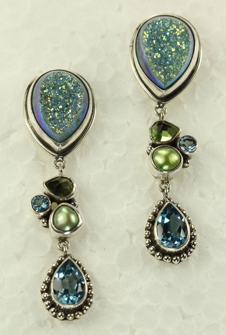 Echo of the Dreamer Blue Drusy, Blue Topaz & Peridot Post Dangles