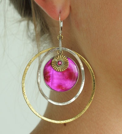 Mars & Valentine Large Open Hoop Earrings with Pink Shell Disc