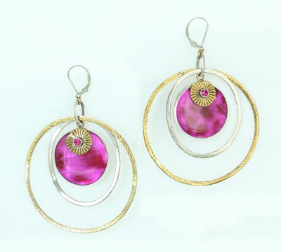Mars & Valentine Large Open Hoop Earrings with Pink Shell Disc