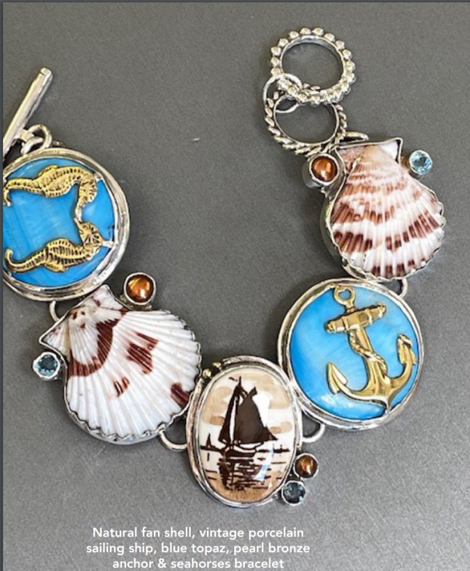 Mars & Valentine Adjustable Nautical Bracelet with Ship, Anchor, Seahorses, & Shells