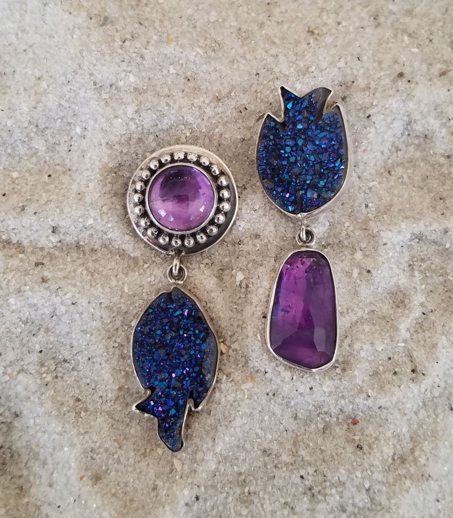 Echo of the Dreamer Asymmetrical Blue Druzy Fish Post Earrings
