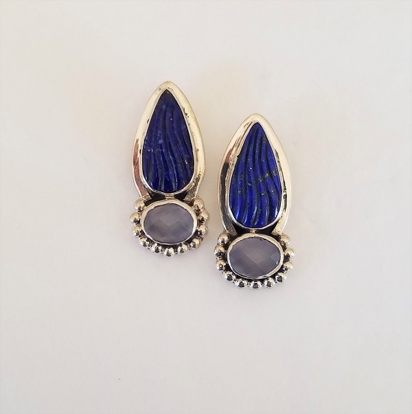 Echo of the Dreamer Carved Lapis & Chalcedony Post Earrings