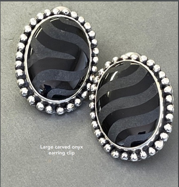 Echo of the Dreamer Large Carved Onyx Clip Earrings