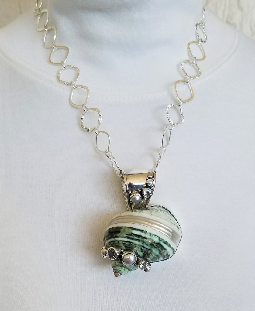 Large Natural  Turbo Shell Pendant Necklace 
