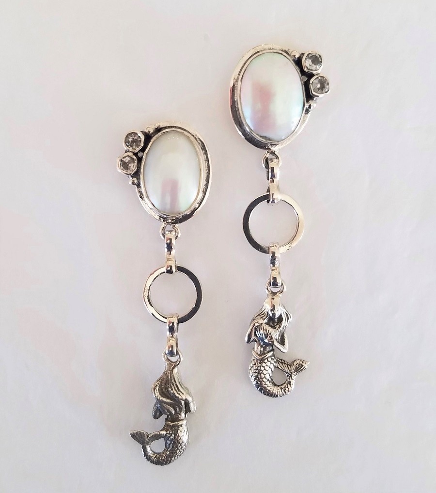 Mabe Pearl Post Earrings with Mermaid Dangle