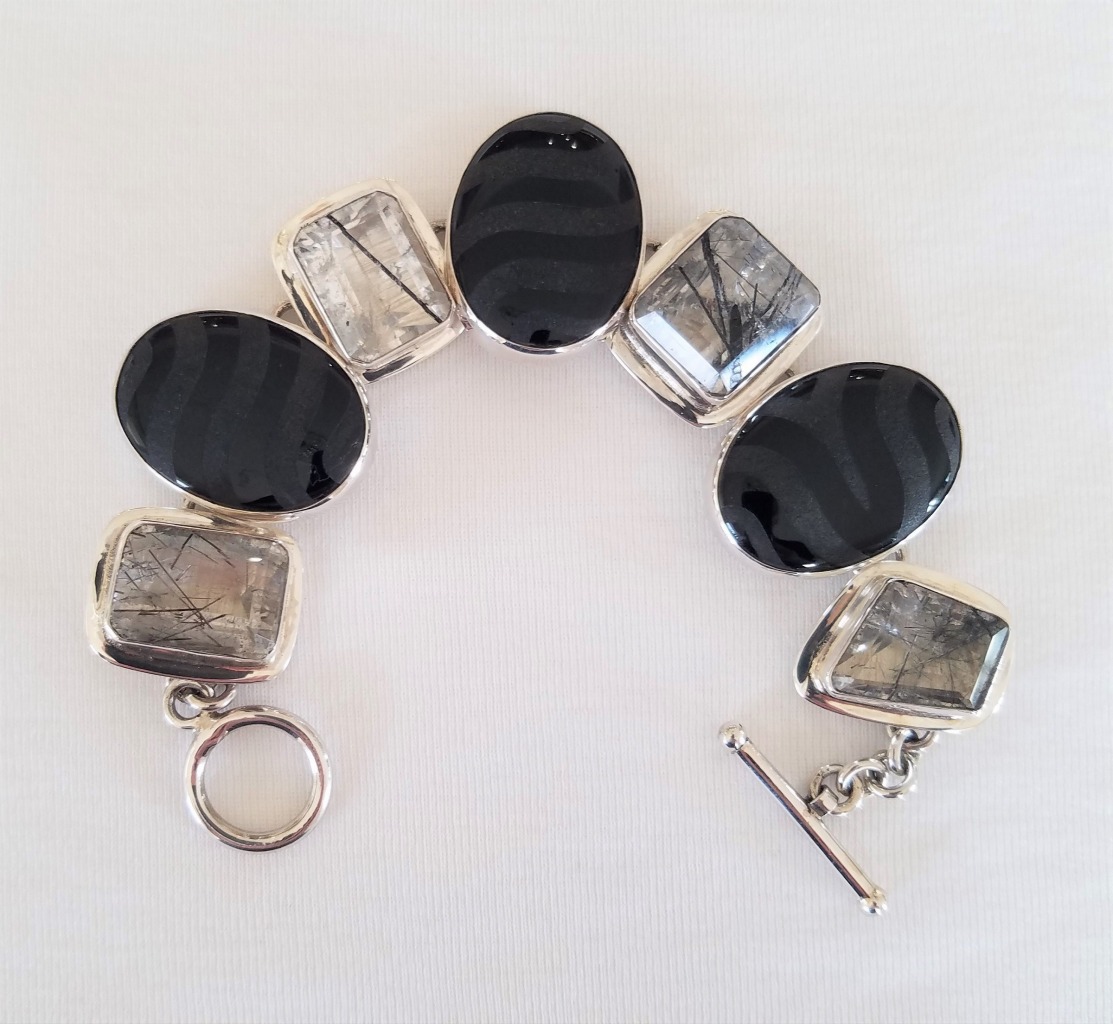Echo of the Dreamer Hand Carved Black Onyx & Tourmilated Quartz Bracelet
