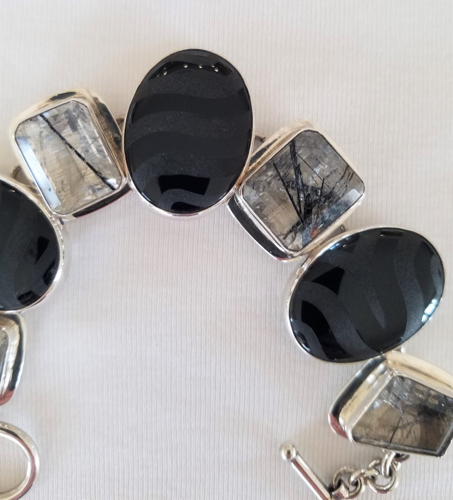 Echo of the Dreamer Hand Carved Black Onyx & Tourmilated Quartz Bracelet
