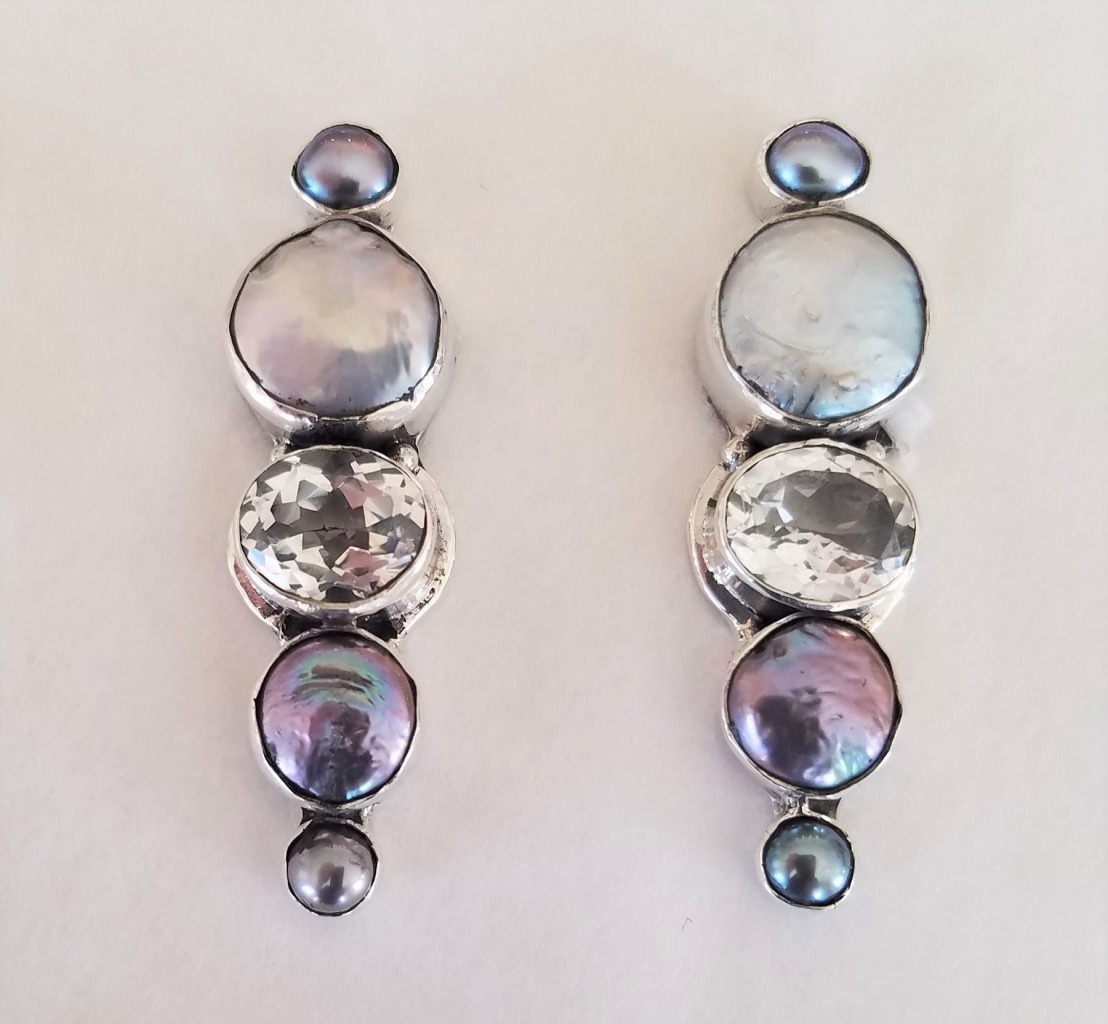 Echo of the Dreamer Fresh Water Pearl & White Topaz Long Clip Earrings