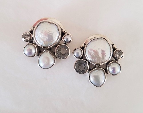 Echo of the Dreamer Pearl & White Topaz Cluster Post Earrings