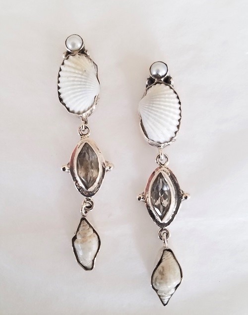 Echo of the Dreamer White Shell & White Topaz Post Dangle Earrings