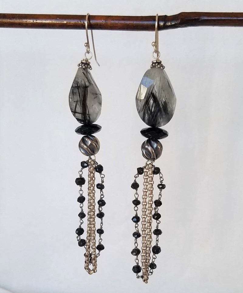 Echo of the Dreamer Tourmilated Quartz Long Hook Earrings
