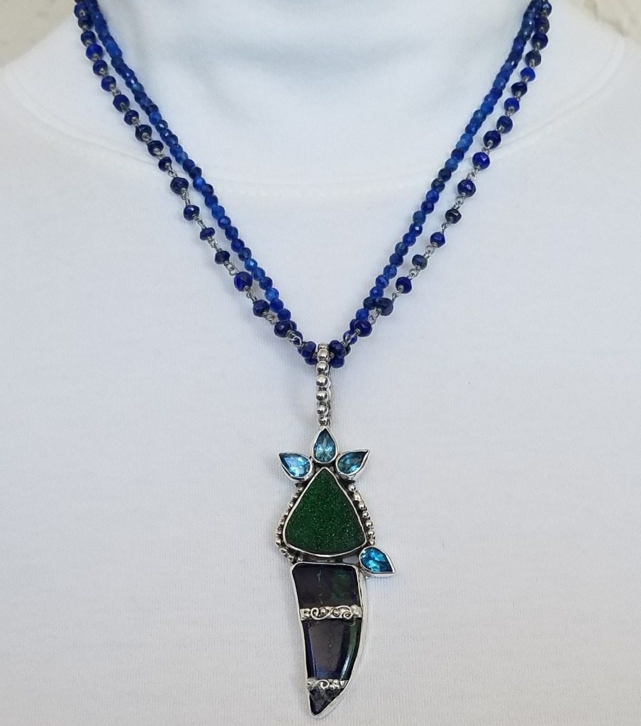 Echo of the Dreamer Stunning Uvarovite Druzy & Azurite Pendant Necklace