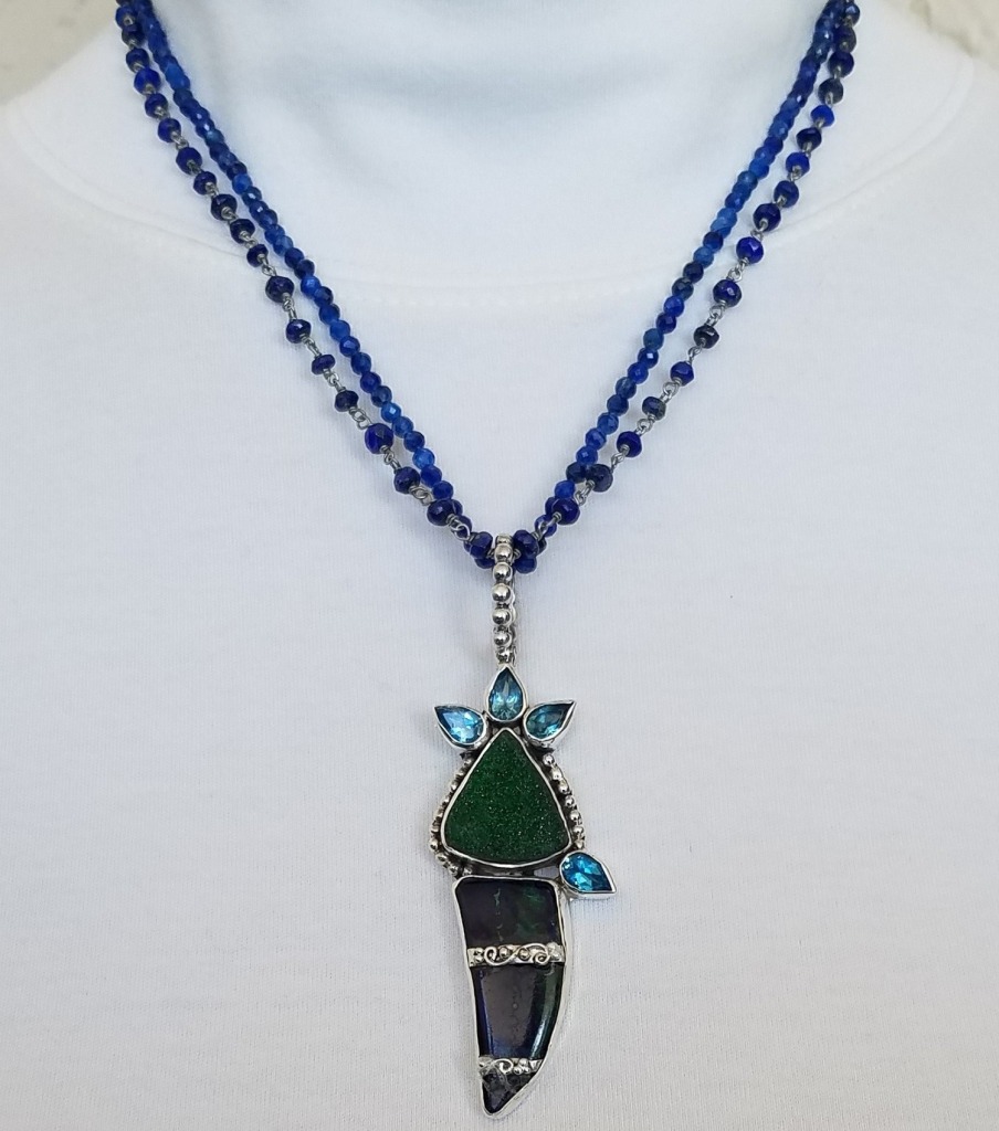 Echo of the Dreamer Stunning Uvarovite Druzy & Azurite Pendant Necklace