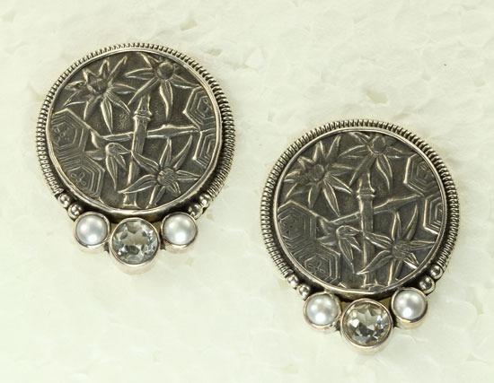 Echo of the Dreamer Polished Sterling Silver Bamboo Clip Earrings with White Pearls & White Topaz