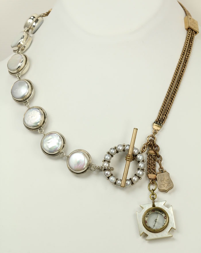 Antique Compass Necklace with Large Double-Sided Coin Pearls