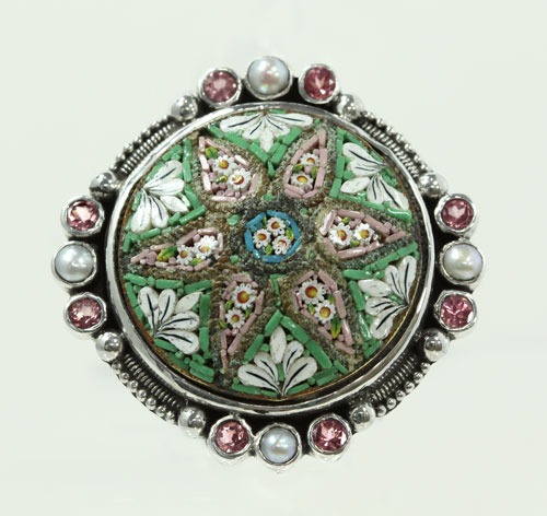Antique Pink & Green Micro-Mosaic Ring--ROUND DOME RING WITH PINK TOURMALINE & WHITE PEARL